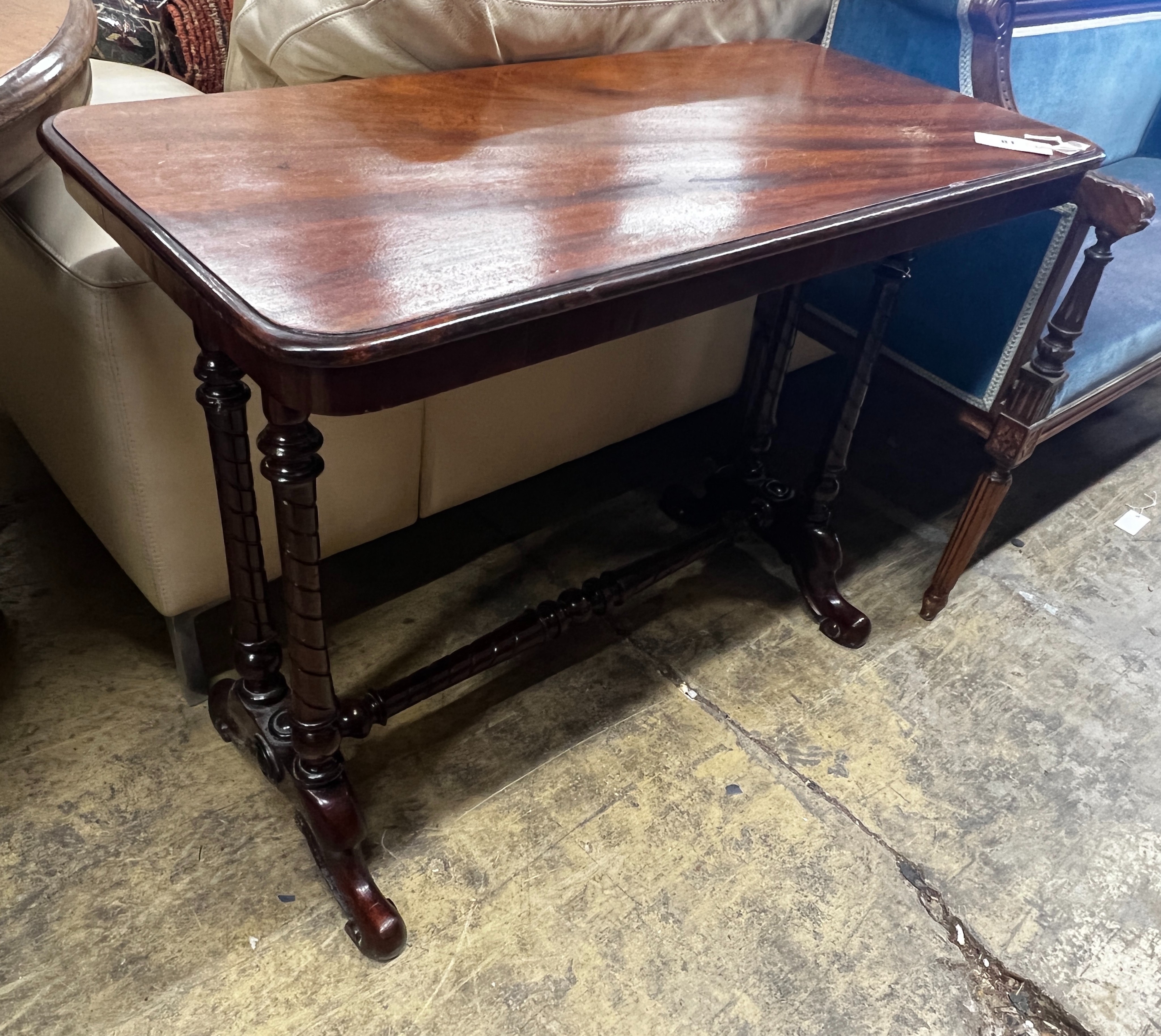 A Victorian rectangular mahogany stretcher table, width 90cm, depth 44cm, height 70cm